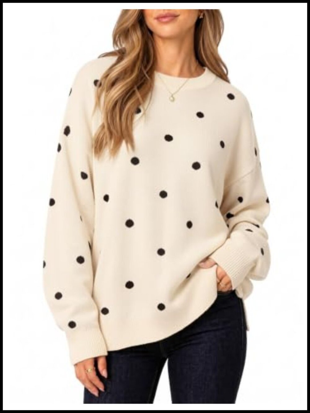 Oversized Crewneck Knit Sweater Lantern Sleeve Split Hem Pullover
